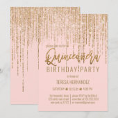 Chic Roze Gouden Glitter Fringe Gordijn Quinceañer Kaart (Voorkant / Achterkant)