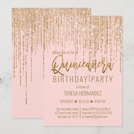 Chic Roze Gouden Glitter Fringe Gordijn Quinceañer Kaart (Voorkant / Achterkant)