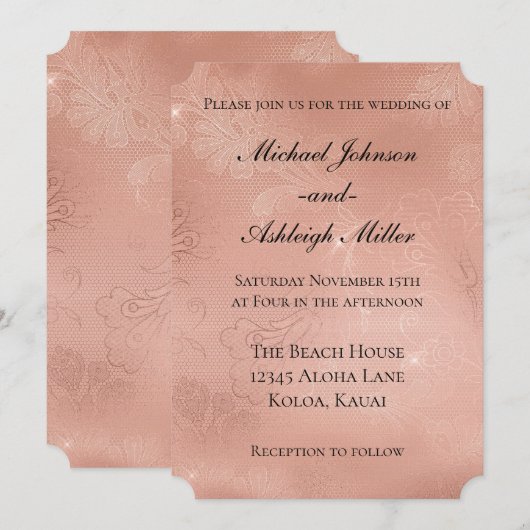 Chic Roze Gouden Kant Bruiloft Kaart (Voorkant / Achterkant)