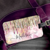 Chic roze goudglitter druppelt monogram bagagelabel