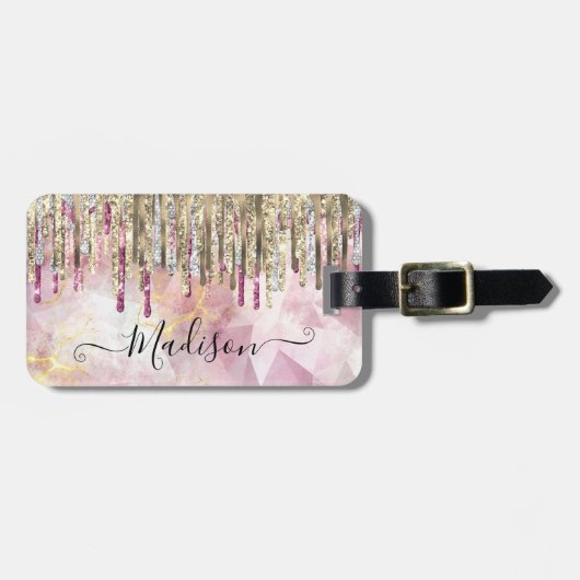 Chic roze goudglitter druppelt monogram bagagelabel (Voorkant horizontaal)