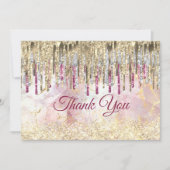Chic roze goudglitter druppelt monogram bedankkaart (Voorkant)