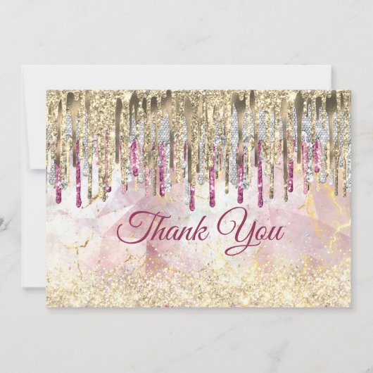 Chic roze goudglitter druppelt monogram bedankkaart (Voorkant)