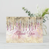 Chic roze goudglitter druppelt monogram bedankkaart (Staand voorkant)
