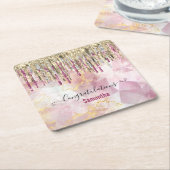Chic roze goudglitter druppelt monogram kartonnen onderzetters (Schuin)