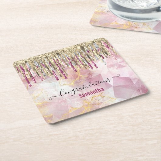 Chic roze goudglitter druppelt monogram kartonnen onderzetters (Schuin)