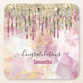 Chic roze goudglitter druppelt monogram kartonnen onderzetters (Voorkant)