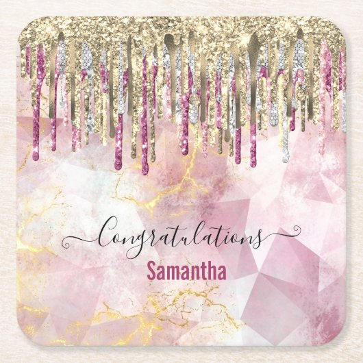 Chic roze goudglitter druppelt monogram kartonnen onderzetters (Voorkant)