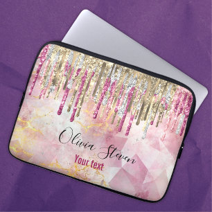 Chic roze goudglitter druppelt monogram laptop sleeve