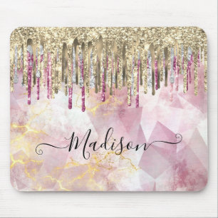 Chic roze goudglitter druppelt monogram muismat