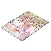 Chic roze goudglitter druppelt monogram notitieboek (Linkerzijde)