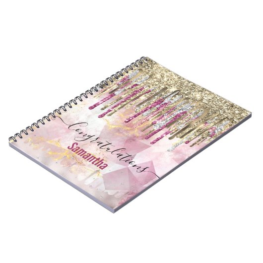 Chic roze goudglitter druppelt monogram notitieboek (Linkerzijde)