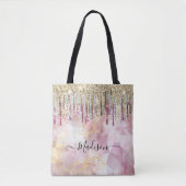 Chic roze goudglitter druppelt monogram tote bag (Voorkant)