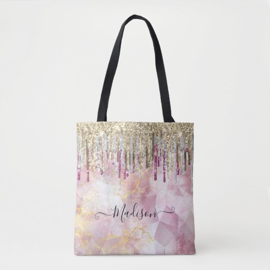 Chic roze goudglitter druppelt monogram tote bag (Voorkant)