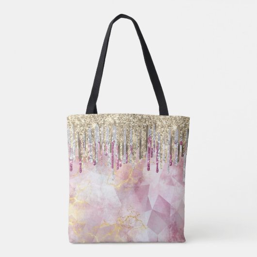 Chic roze goudglitter druppelt monogram tote bag (Achterkant)