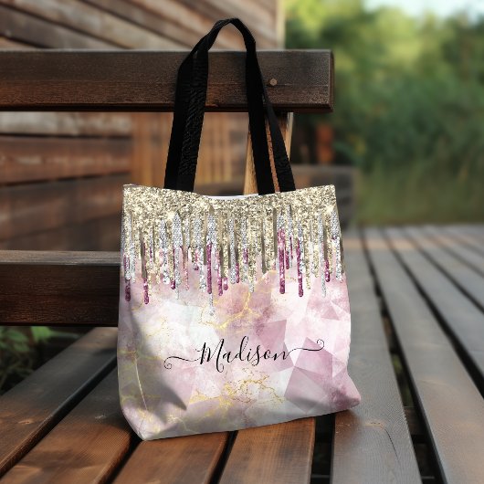 Chic roze goudglitter druppelt monogram tote bag