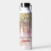 Chic roze goudglitter druppelt monogram waterfles (Voorkant)