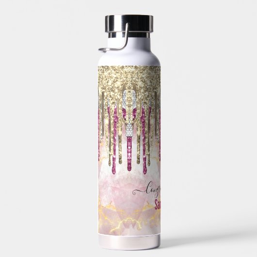 Chic roze goudglitter druppelt monogram waterfles (Rechts)