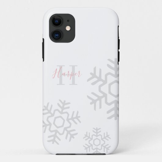Chic Roze Grijze Sneeuwvlok Monogram op Wit Case-Mate iPhone Case (Achterkant)