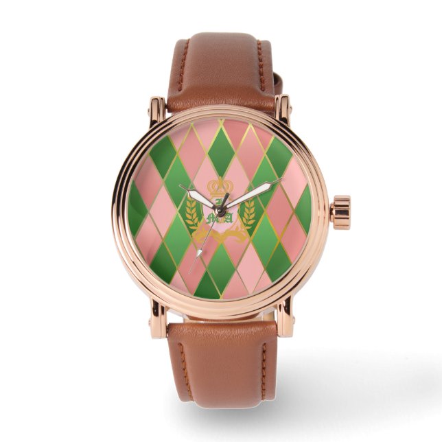 Chic Roze Groen Argyle Monogram Horloge (Voorkant)