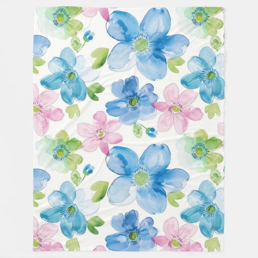 Chic Roze Groen Blauw Bloemen Fleece Deken (Voorkant)