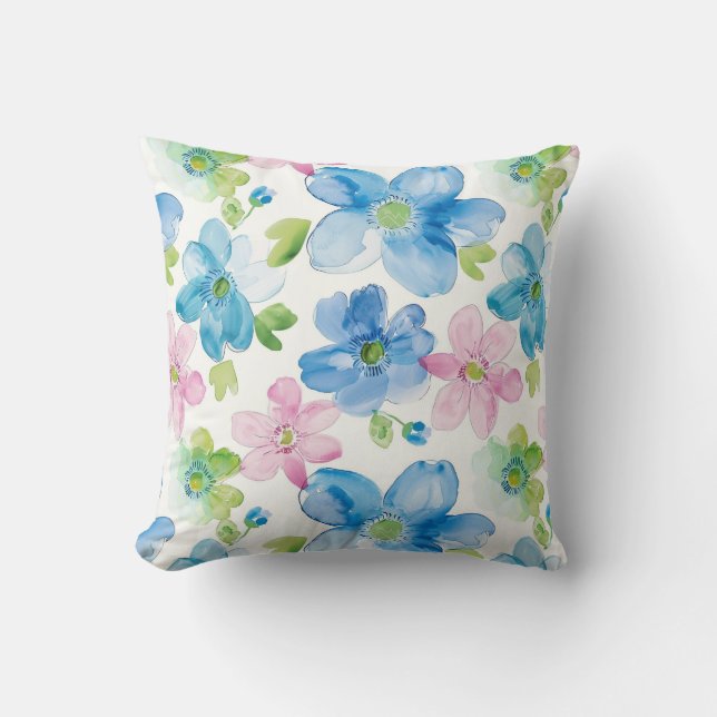 Chic Roze Groen Blauw Bloemen Kussen (Voorkant)