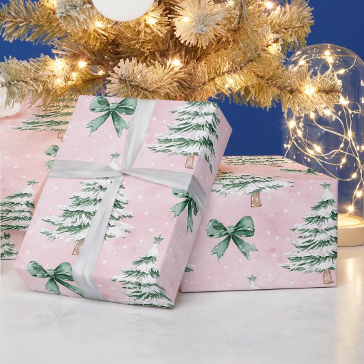 Chic roze groene kerstbomen cadeaupapier (Feestdagen)