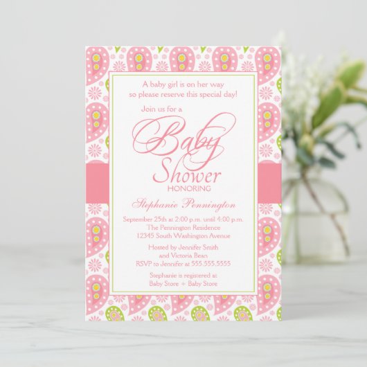 Chic roze + groene paisley baby shower uitnodiging (Staand voorkant)