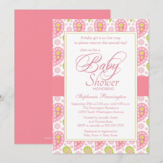 Chic roze + groene paisley baby shower uitnodiging (Voorkant / Achterkant)