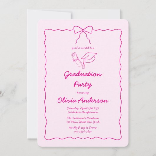 Chic Roze Hand-Drawn Bow Squiggle Afstudeerfeest Kaart (Voorkant)