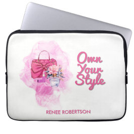 Chic Roze Handtas & Bloemen Ontwerp Laptop Sleeve