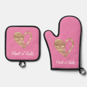 Chic roze hart van goud ovenwant & pannenlap set (Voorkant)