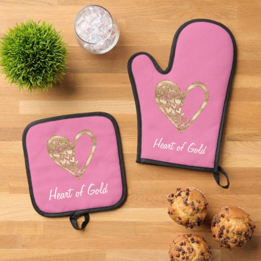 Chic roze hart van goud ovenwant & pannenlap set (Top down)