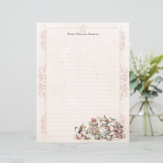 Chic Roze High Tea Party Monogram gevoerd briefpap (Staand voorkant)
