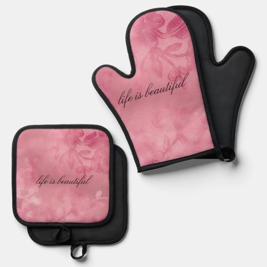 Chic Roze Kant Ovenwant & Pannenlap Set (Voorkant / Achterkant)