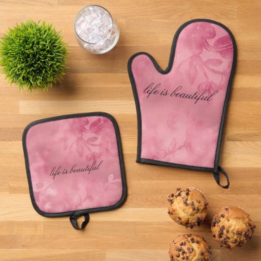 Chic Roze Kant Ovenwant & Pannenlap Set (Top down)