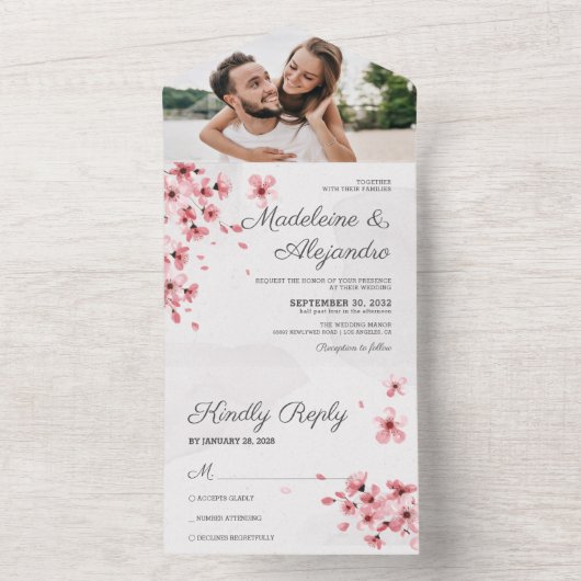 Chic roze kerry blossom romantische bloemetjesbrui all in one uitnodiging (Binnen)