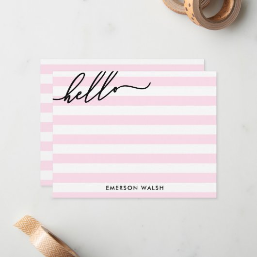 Chic roze lijnen zwart Hallo Naam toevoegen Notitiekaartje (Voorkant / Achterkant in situ)