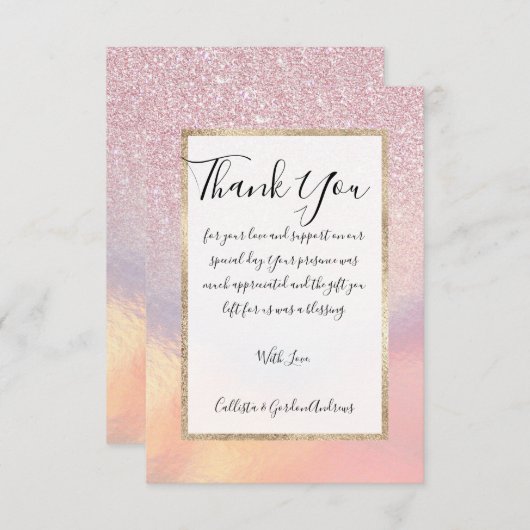 Chic roze litter Iridescent Holographic Gradient Bedankkaart (Voorkant / Achterkant)