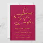 Chic Roze Magenta Goud Moderne Typografie Huwelijk Save The Date (Voorkant)