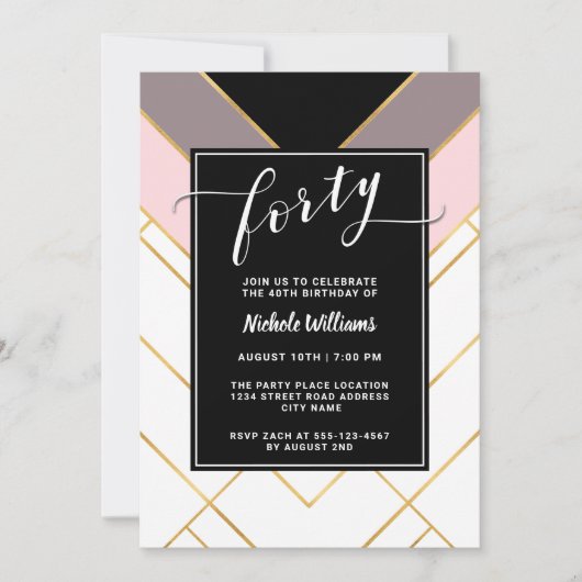 Chic Roze Mauve en zwart geometrische 40e verjaard Kaart (Voorkant)