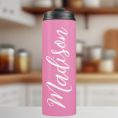 Chic Roze Meisjes Naam Wit Script Gepersonaliseerd Thermosbeker
