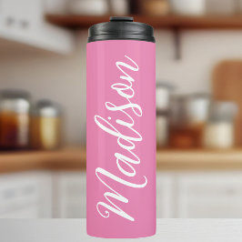Chic Roze Meisjes Naam Wit Script Gepersonaliseerd Thermosbeker