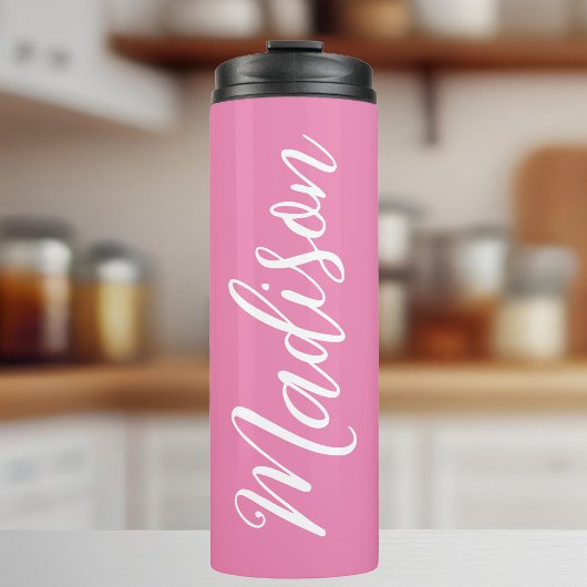 Chic Roze Meisjes Naam Wit Script Gepersonaliseerd Thermosbeker