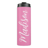 Chic Roze Meisjes Naam Wit Script Gepersonaliseerd Thermosbeker (Voorkant)