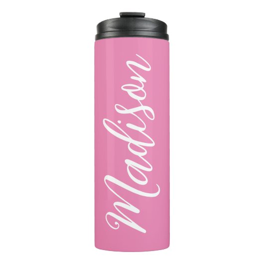 Chic Roze Meisjes Naam Wit Script Gepersonaliseerd Thermosbeker (Voorkant)