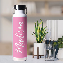 Chic Roze Meisjes Naam Wit Script Gepersonaliseerd Waterfles