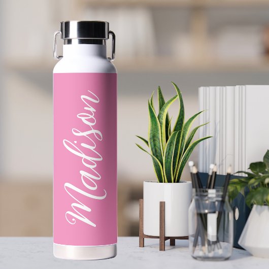 Chic Roze Meisjes Naam Wit Script Gepersonaliseerd Waterfles
