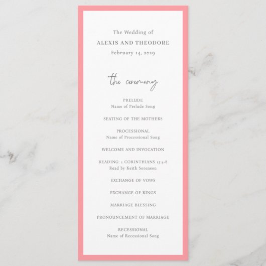 Chic Roze Moderne bruiloft Programmakaart (Voorkant)