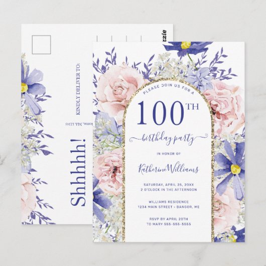 Chic Roze Paarse 100ste verjaardag Uitnodiging (Voorkant / Achterkant)